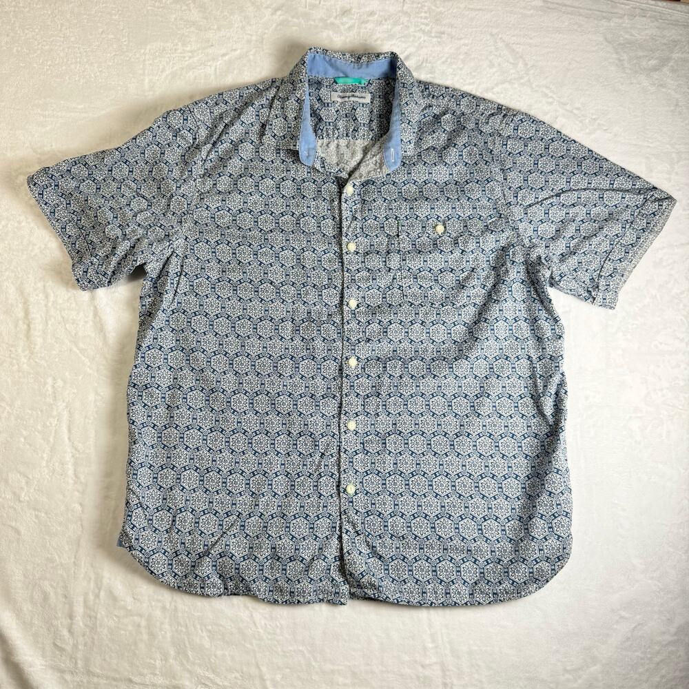 Tommy Bahama Mens Short Sleeve Button Shirt Blue Geometric Tencel Cotton Large